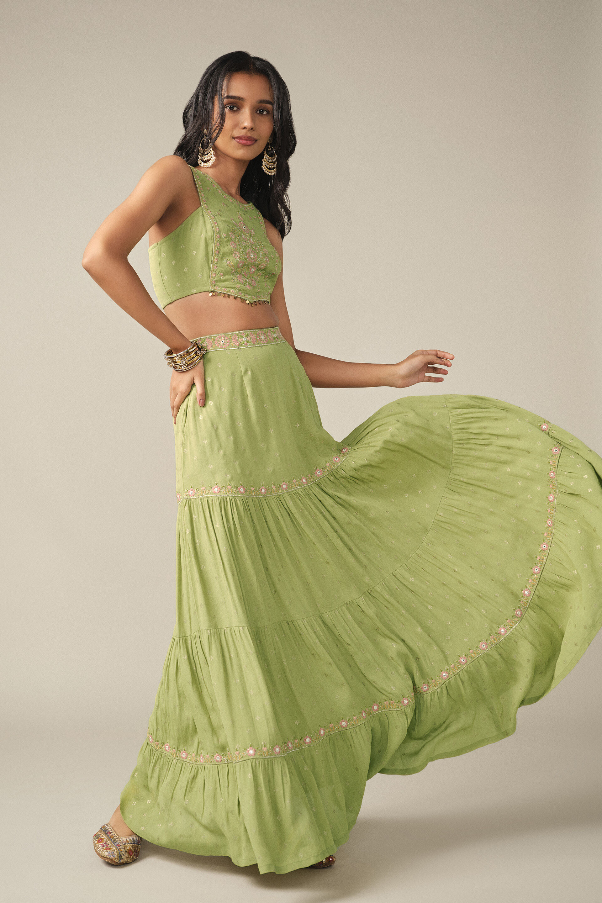 Tiered Skirt Set in Sage, Sage Green, image 2